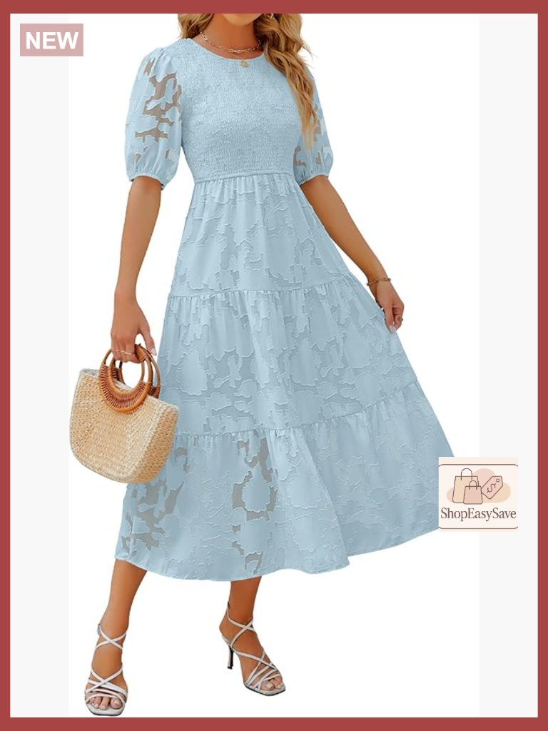 Floral Lace Maxi Dress Puff Sleeve Smocked Bodice Tiered Midi Elegant Summer